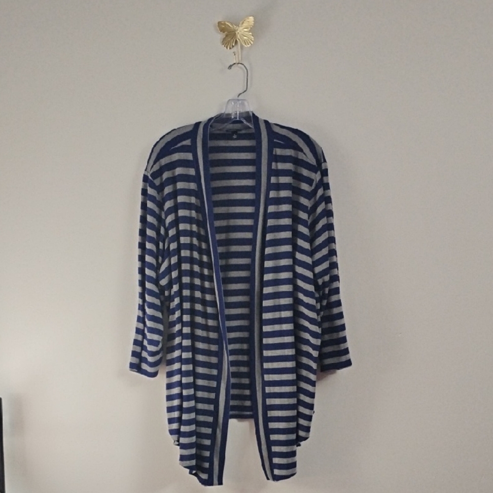 Torrid Navy Dark Preppy Casual Athleisure Striped Open Front Drape Cardigan - Picture 2 of 13